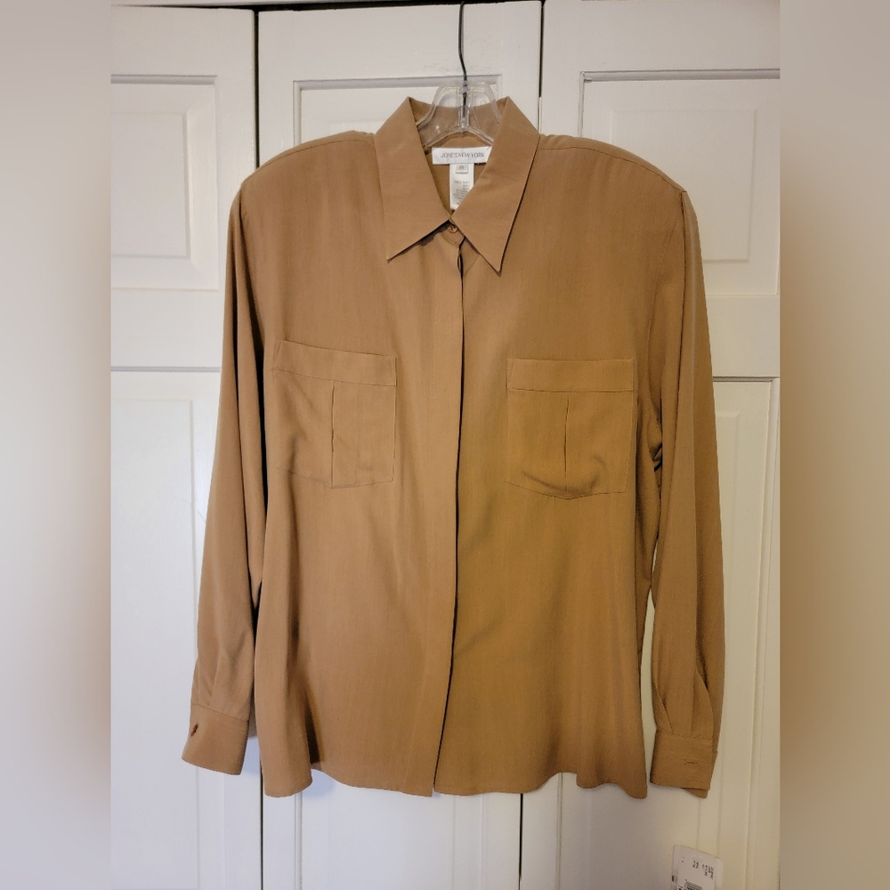 Jones New York 100% Silk Brown Casual Button Down Shirt Size 14 NWT